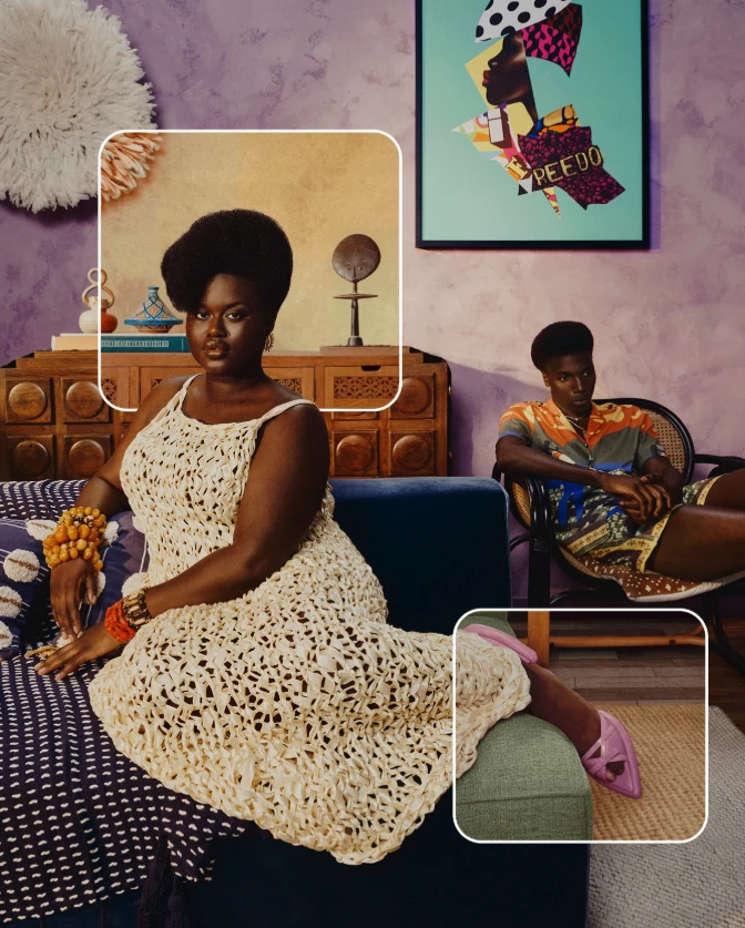 Model in a cream crochet dress seated in a purple living room, with pink heels and a second model in a patterned shirt
