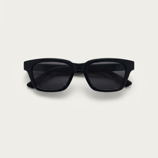 A pair of sleek, black rectangular sunglasses with dark tinted lenses is centered on a light gray background, showcasing a modern and stylish design ideal for sun protection and fashion.