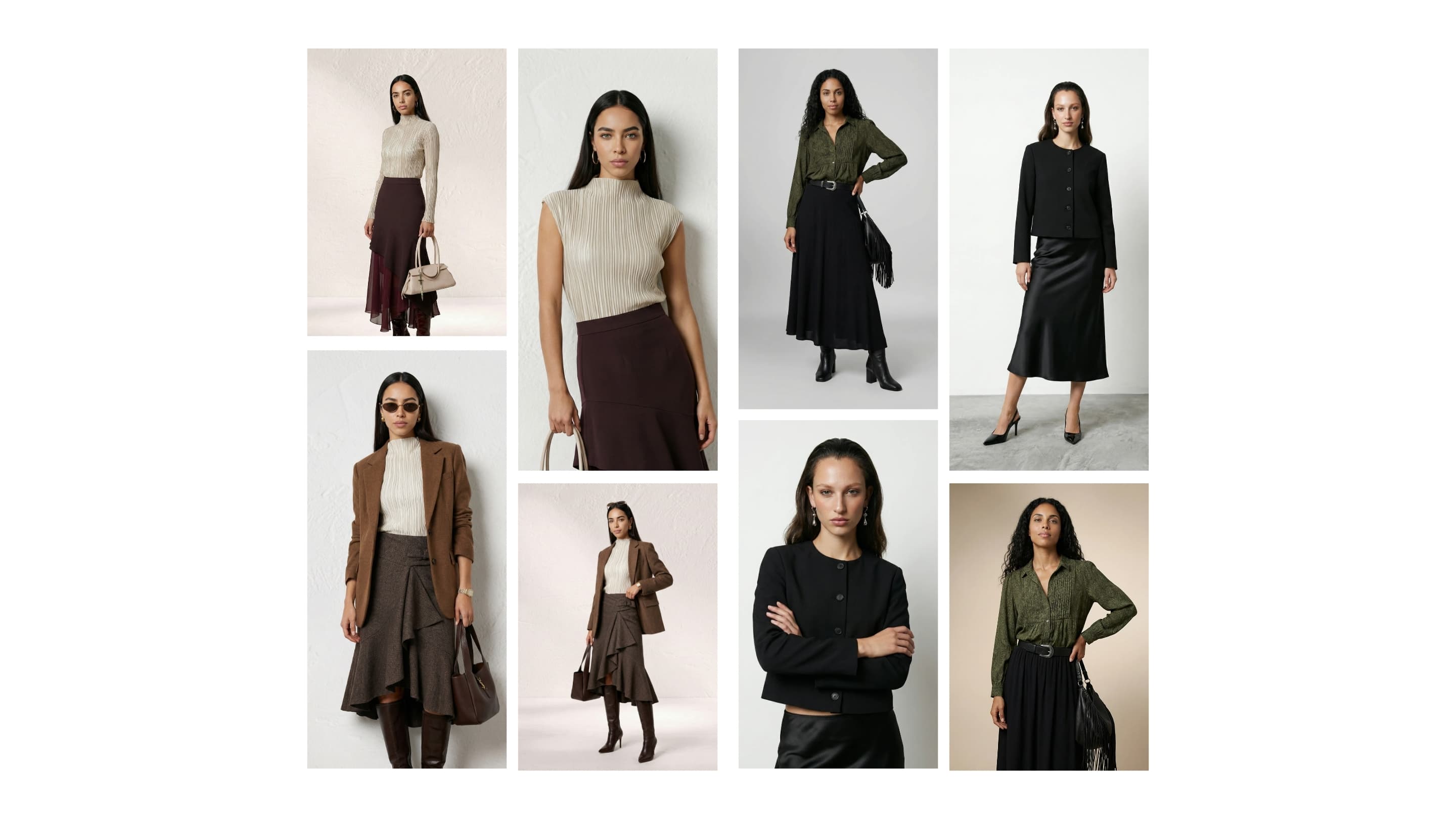 The collage showcases a series of stylish women’s outfits, including various skirts and tops in neutral tones such as beige, brown, and black, emphasizing elegant and modern autumn fashion.