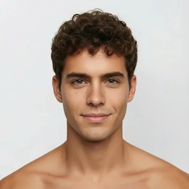 Headshot of a male AI fashion model with short curly brown hair, generated with Veeton