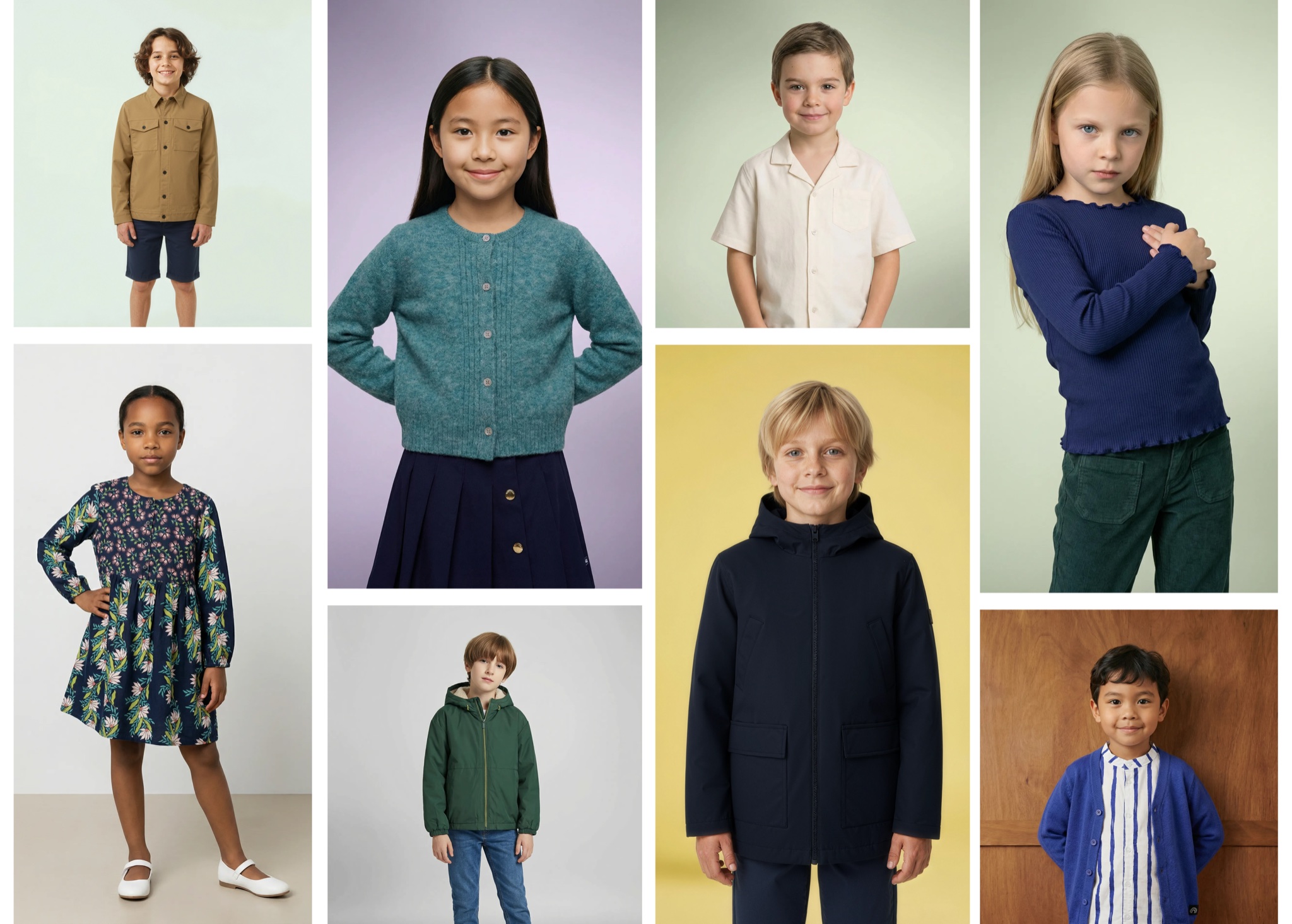 Collage aus KI-generierten Kindermodels für Mode