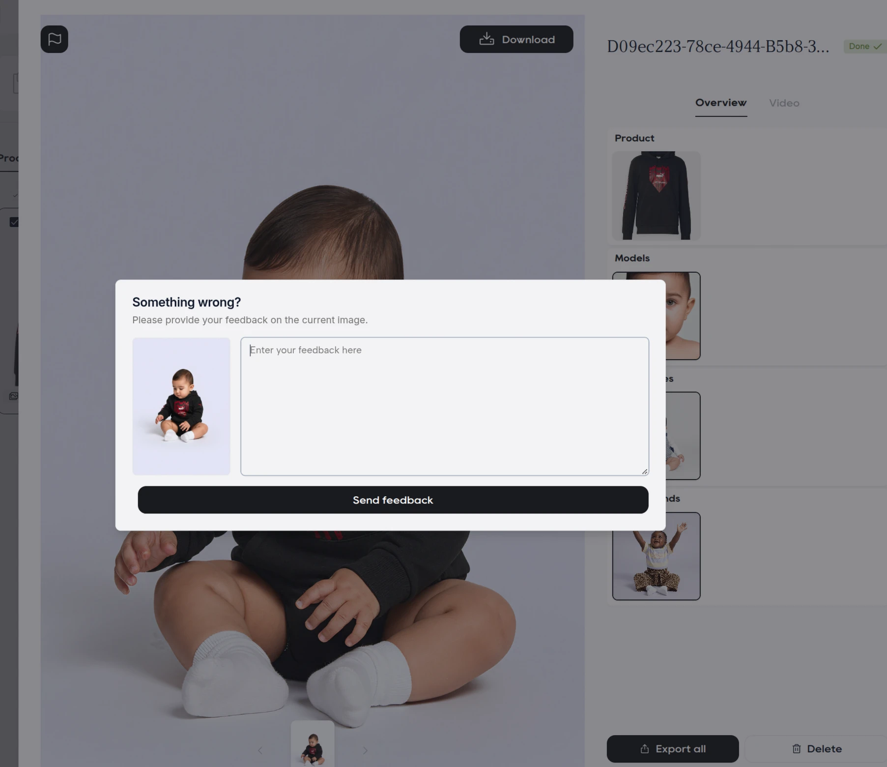 Feedback dialog in Veeton Studio over a generated image of a baby in a black hoodie, with a Send feedback button