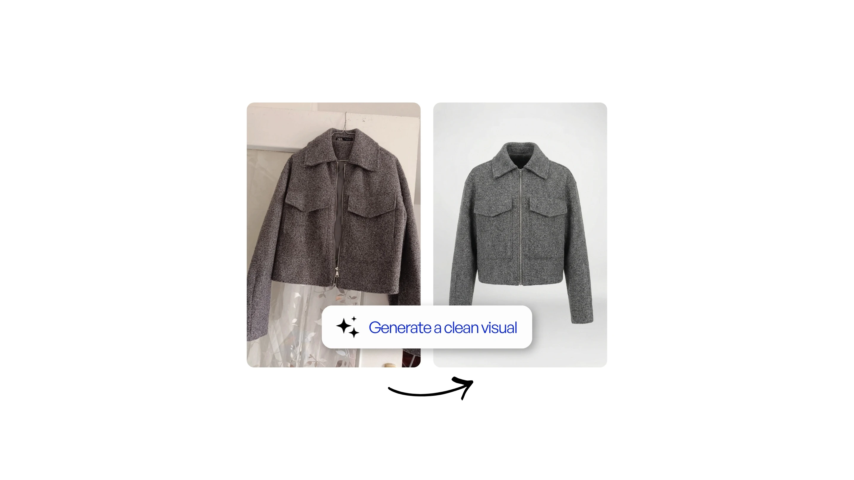 Grey wool jacket before and after AI beautifying: home photo on a hanger next to a clean studio packshot
