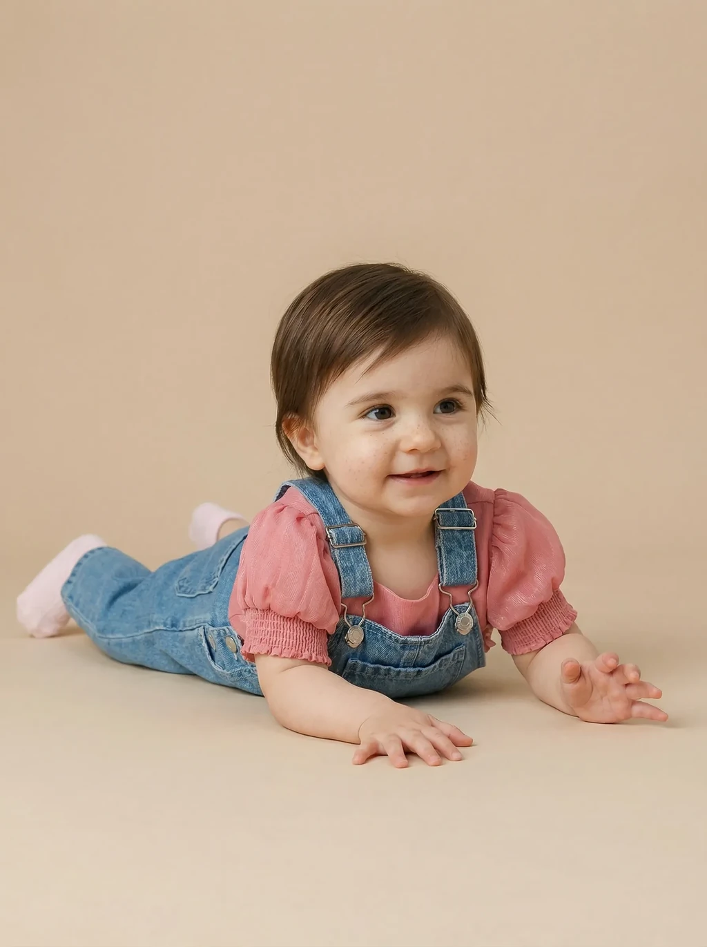 KI-generiertes Babymodel in Jeans-Latzhose