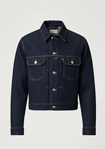 Packshot of a dark indigo denim jacket uploaded as the product