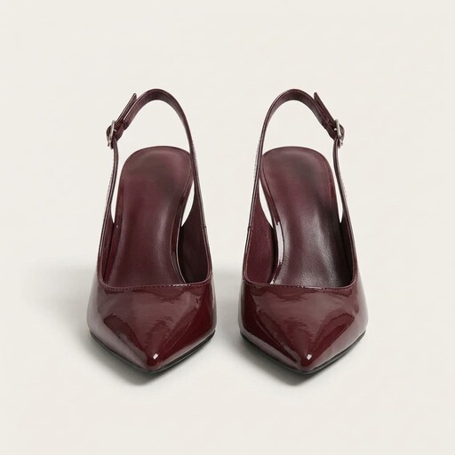 Packshot of burgundy patent slingback pumps before on-model generation