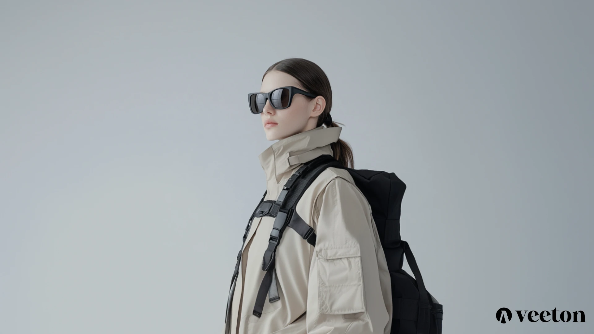 AI model in sunglasses and a beige technical jacket with a black backpack, generated with Veeton