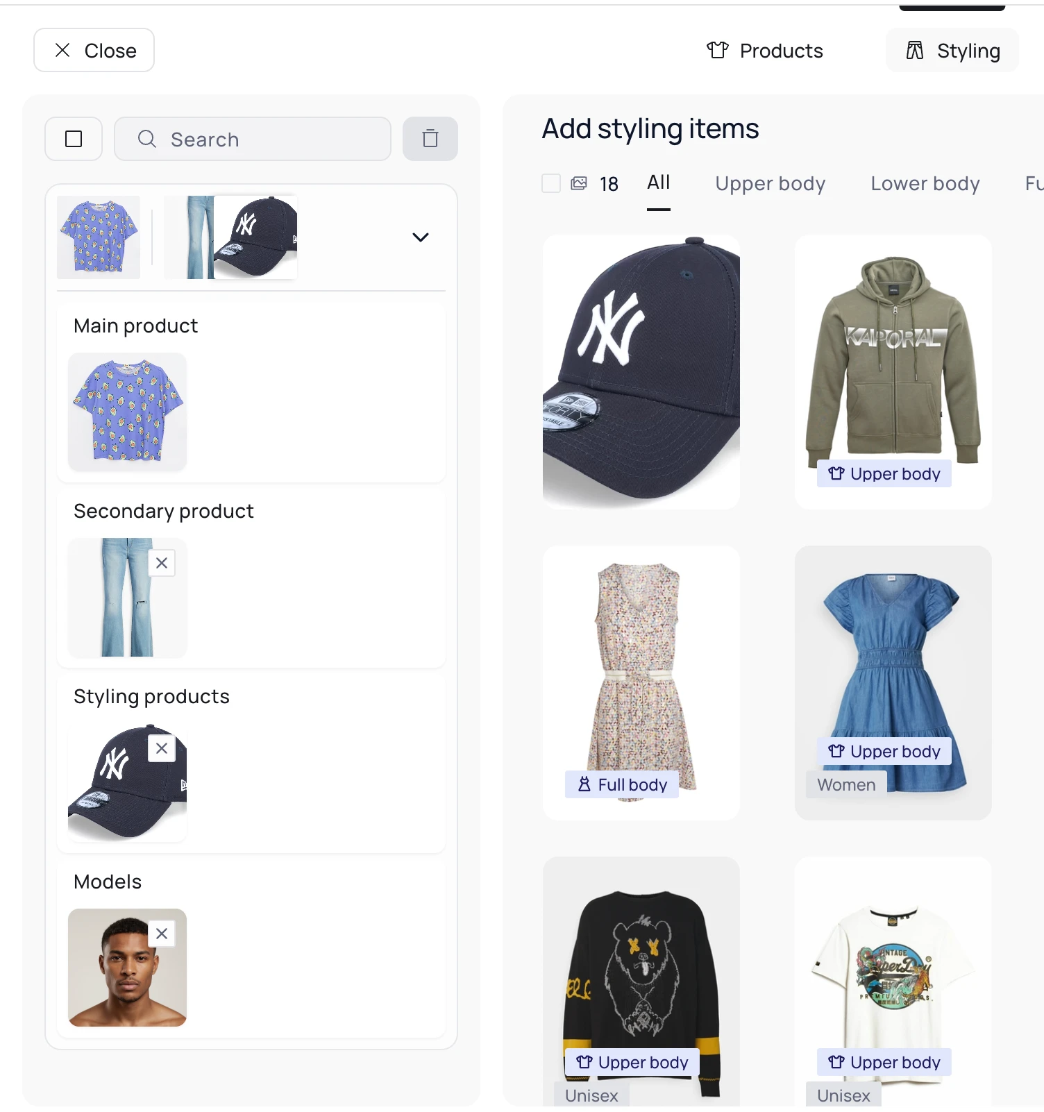 Veeton shoot setup panel adding a navy baseball cap as a styling item next to the main product and model
