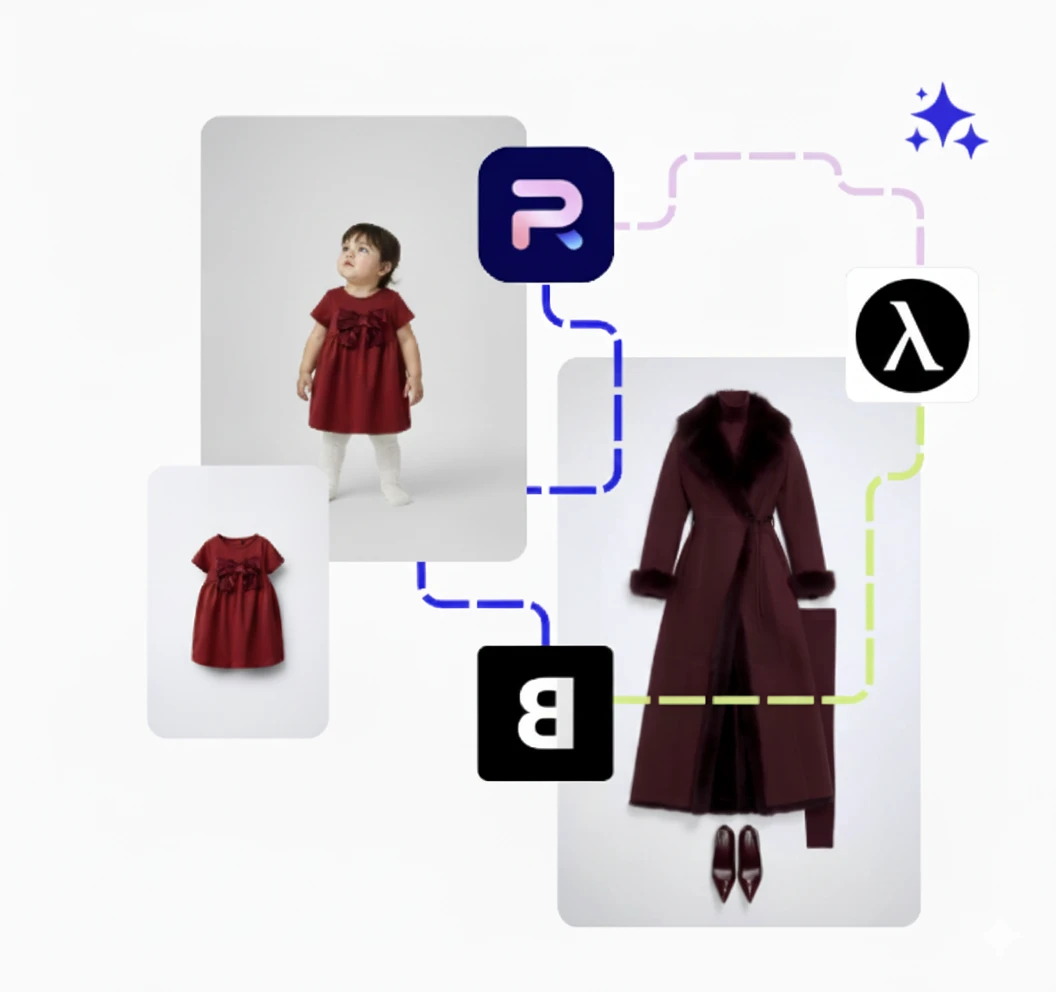 Collage of a red toddler dress packshot, its on-model result and a burgundy coat linked by AI photoshoot tool icons