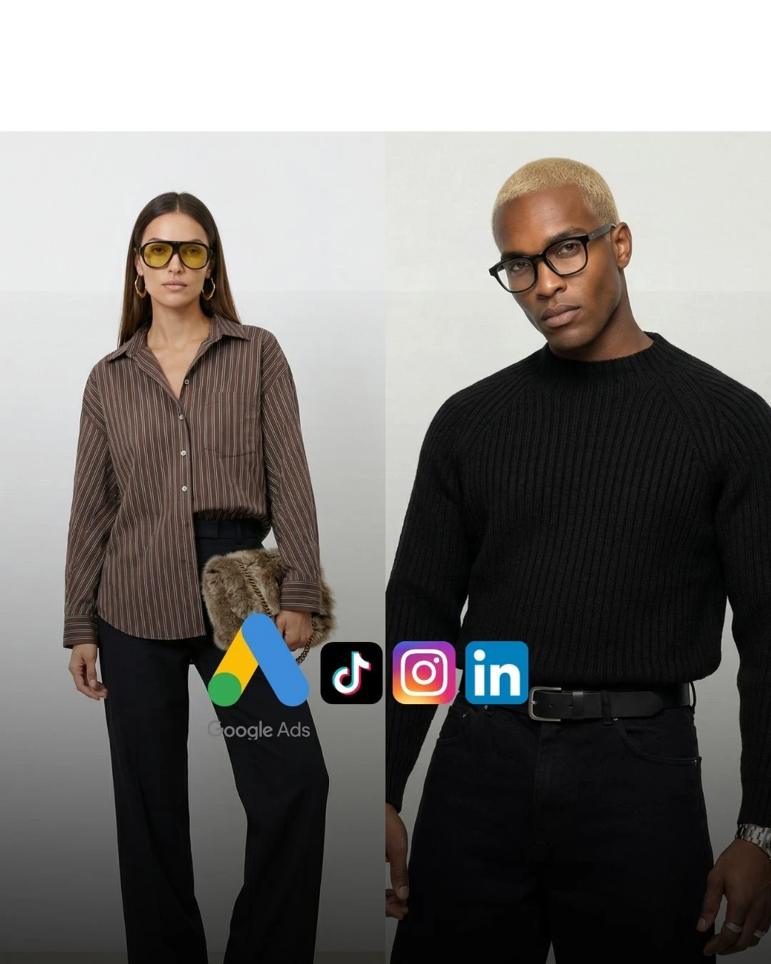 AI models in a striped shirt and a black knit sweater with Google Ads, TikTok, Instagram and LinkedIn icons