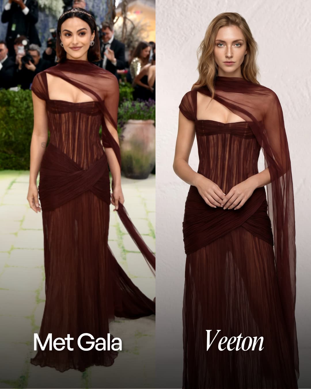Clothing design of Camila Mendes and same outfit on an ai fashion model