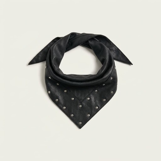 A black leather bandana designed with silver studs evenly distributed along its edges, creating a chic and edgy look against a light gray background.