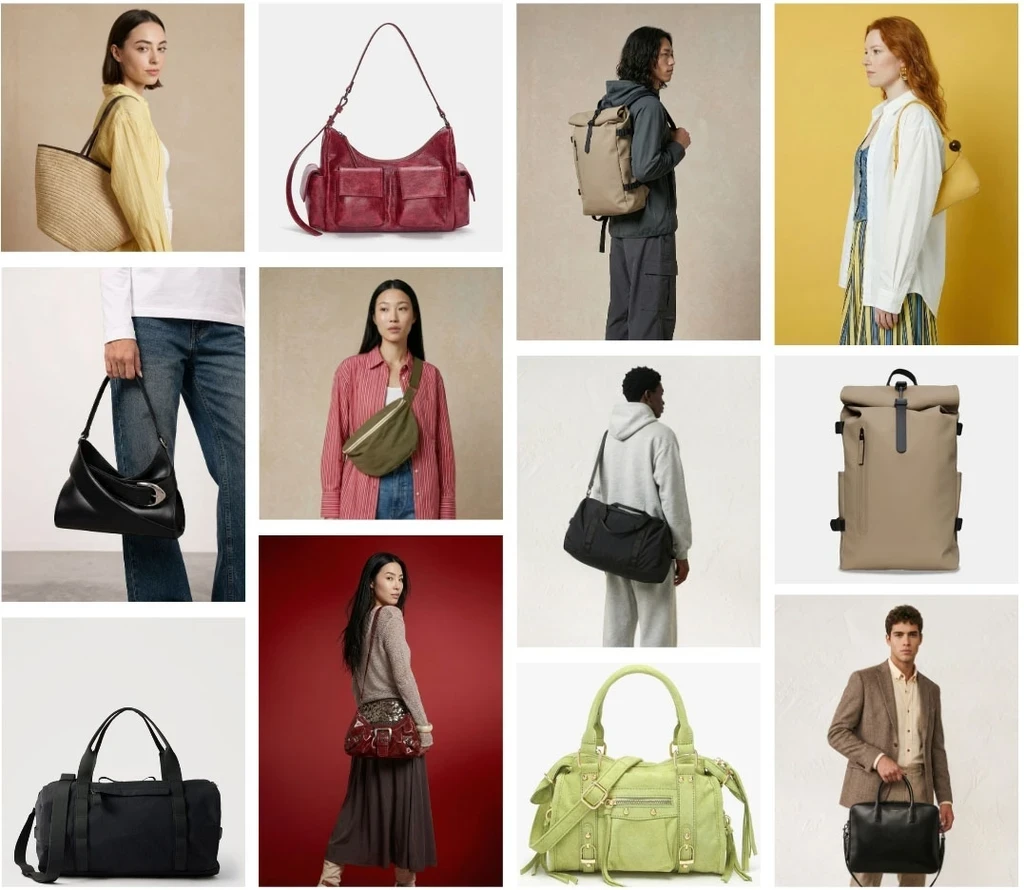 Grid of AI on-model bag visuals: straw tote, shoulder bags, backpacks, duffles and a briefcase, generated with Veeton
