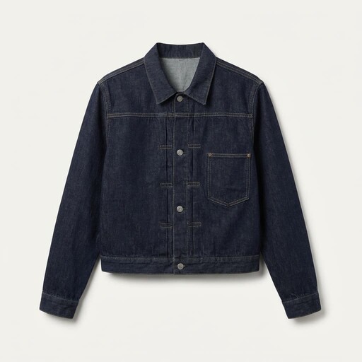 A classic dark blue denim jacket with a structured collar, buttoned front, and chest pocket, showcasing a timeless and versatile fashion piece.