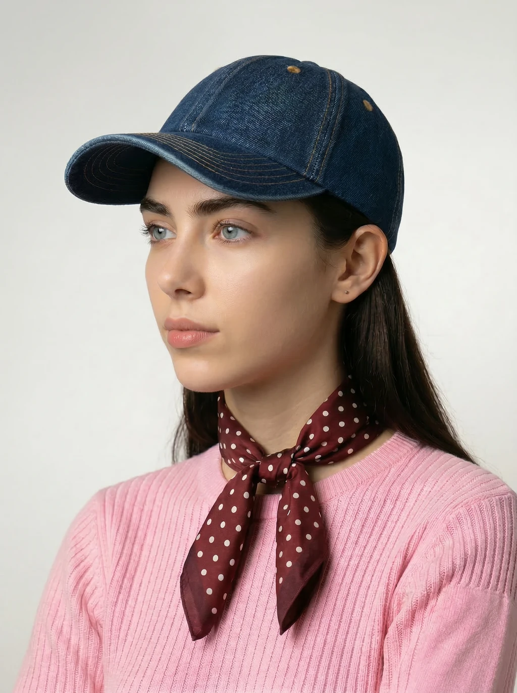 AI model in a pink knit and polka-dot neck scarf wearing a denim baseball cap, generated with Veeton