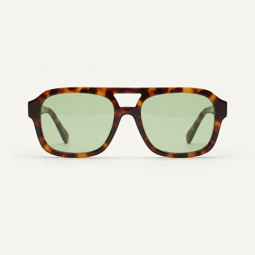 Packshot of tortoiseshell aviator sunglasses with green lenses before on-model generation