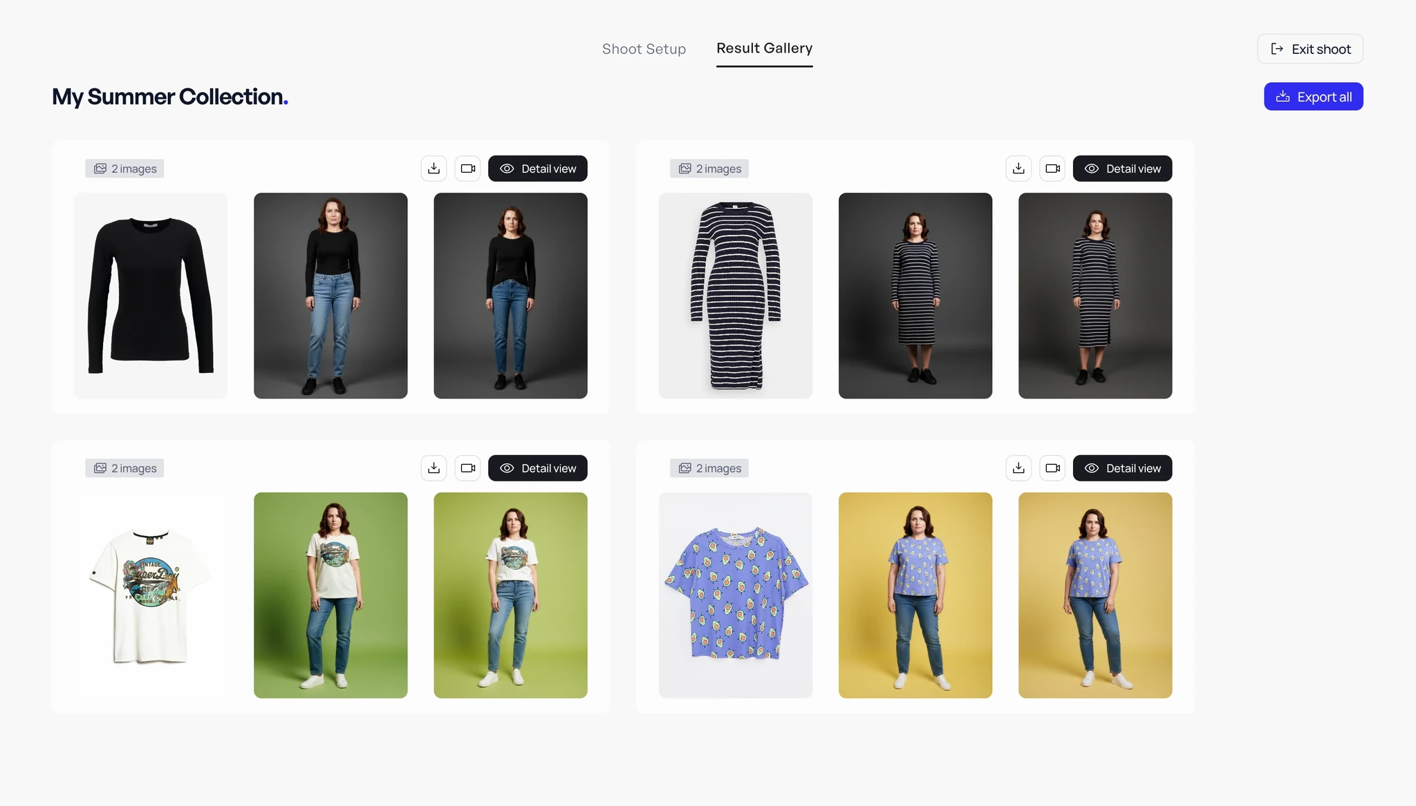 Veeton Result Gallery for My Summer Collection showing four garments with two on-model images each