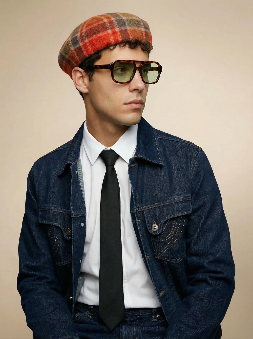 AI model in a tartan beret, denim jacket and tie wearing tortoiseshell aviator sunglasses, generated with Veeton