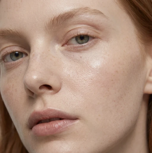Beauty close-up of the same red-haired AI model with dewy, glossy skin and light freckles