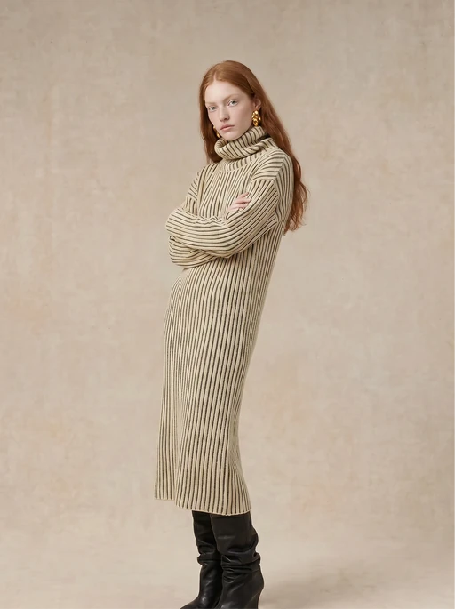 Red-haired AI model in a cream and black ribbed turtleneck knit dress with black leather boots, arms crossed, full length
