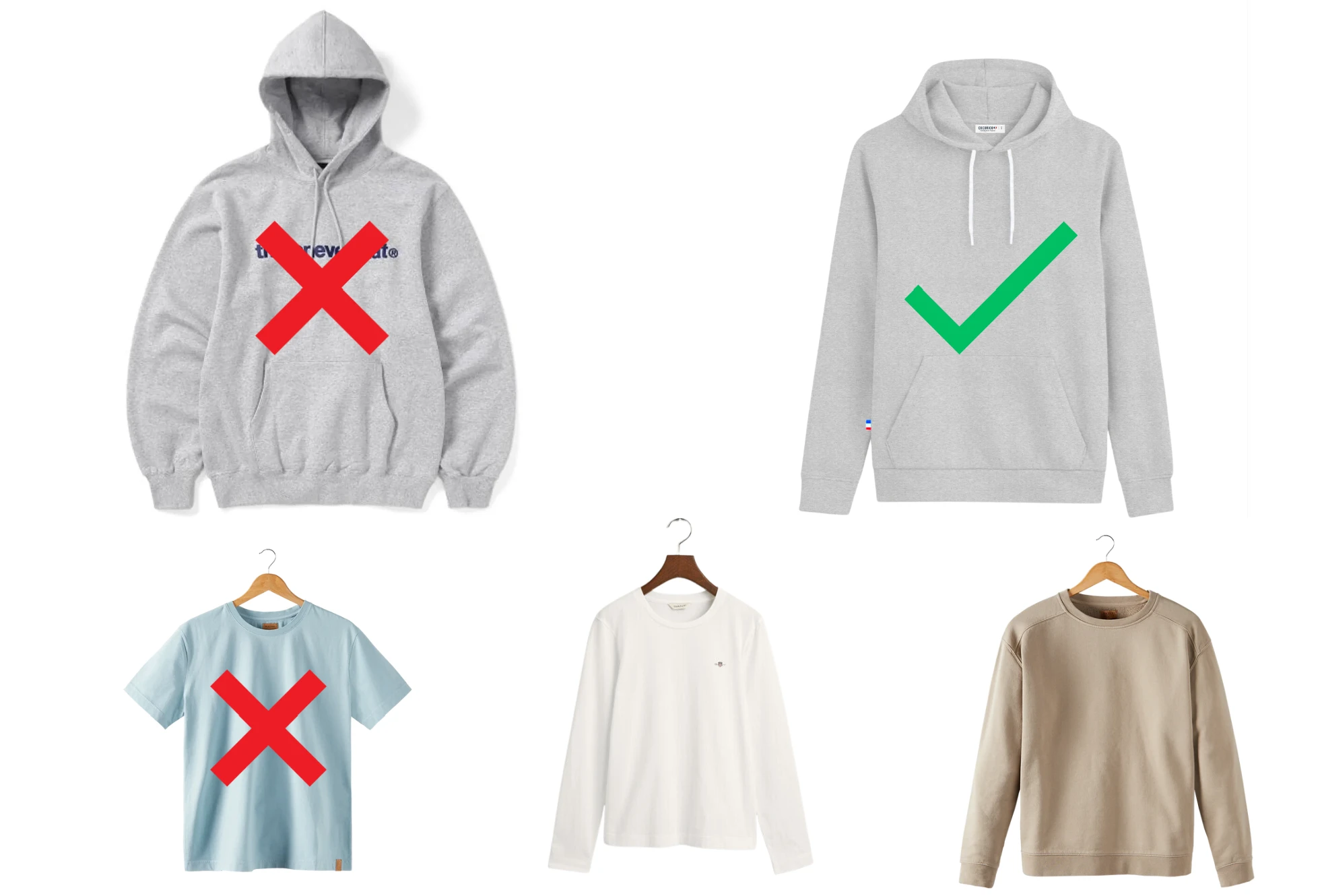 Side-by-side examples of properly and poorly posed garments