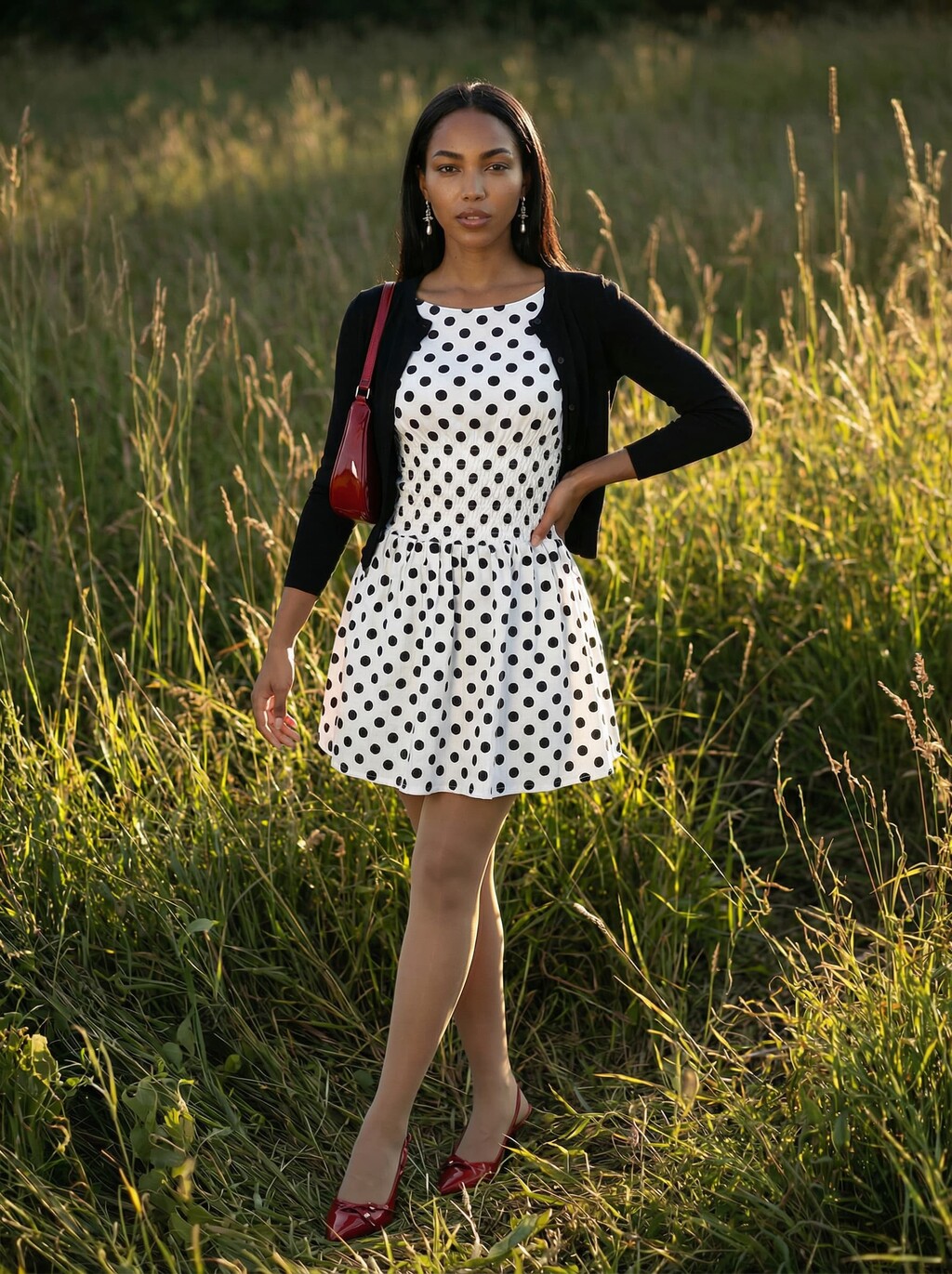 A woman stands confidently in a grassy field wearing a stylish polka dot dress paired with a black cardigan and red shoes, with the sunlight softly illuminating her.