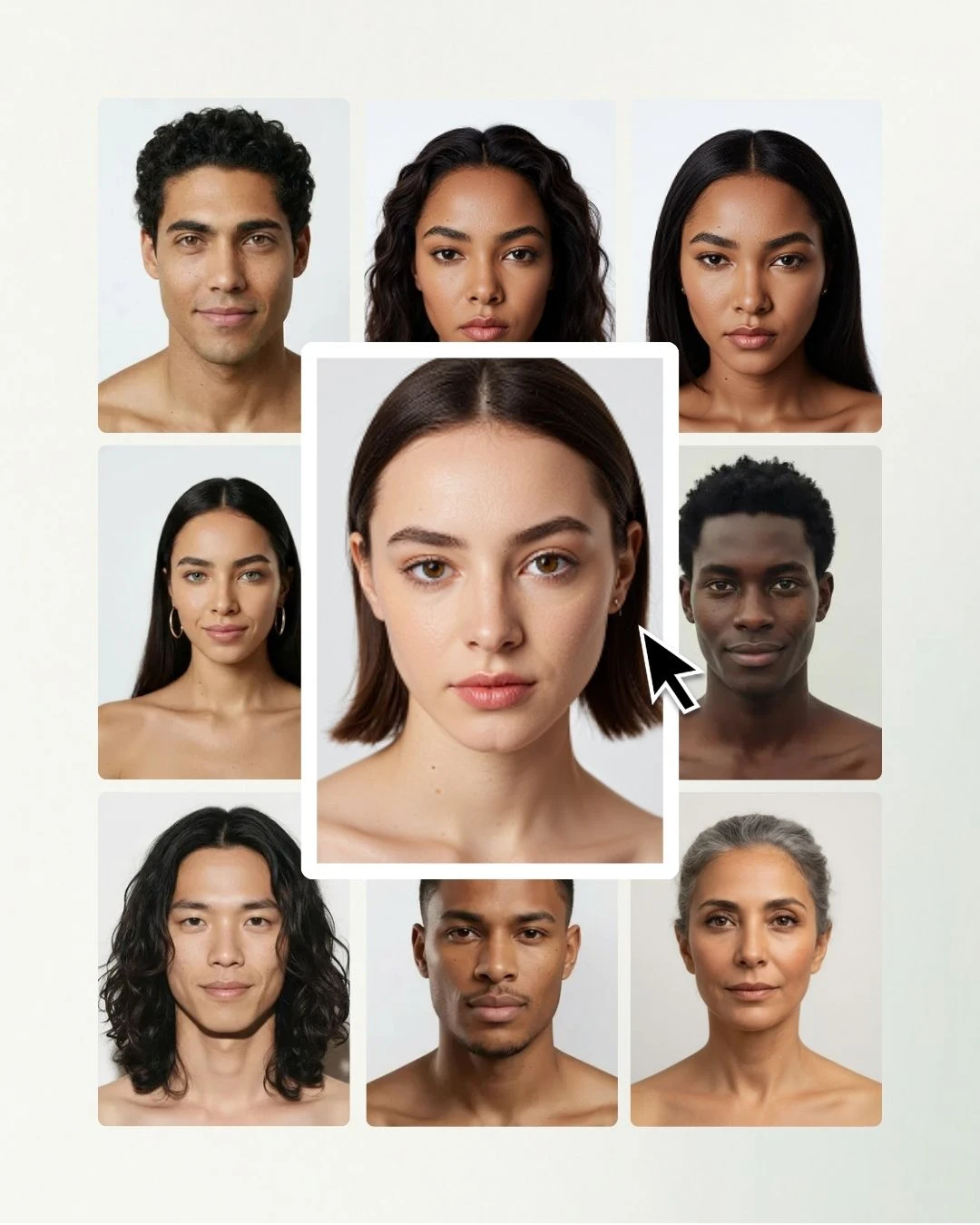 Grid of diverse AI fashion model portraits with a cursor selecting a brunette woman