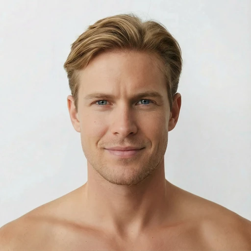 A young man with light hair and a neutral expression stands against a plain background, showcasing a fresh, natural look.