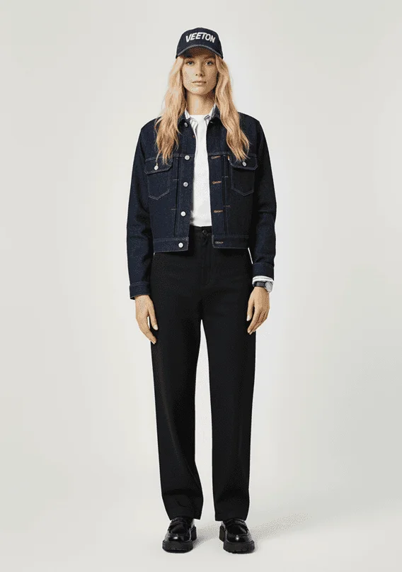 AI model in a Veeton cap, indigo denim jacket, white shirt, black trousers and loafers, generated with Veeton