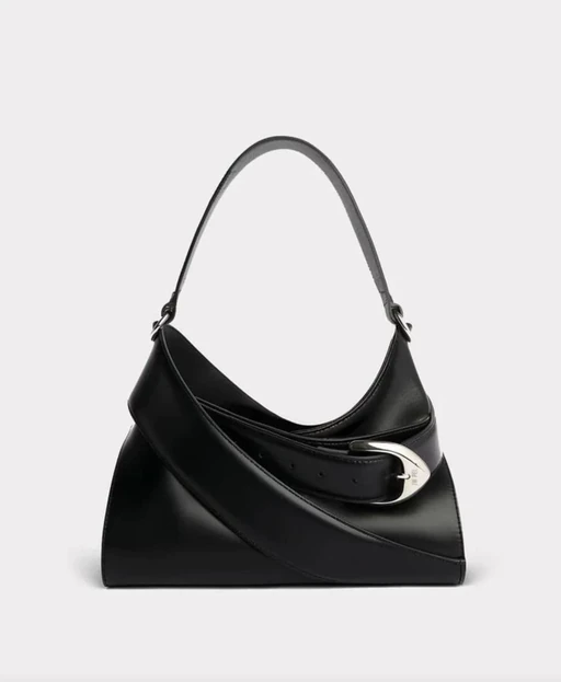 Packshot of a black leather shoulder bag with a silver buckle