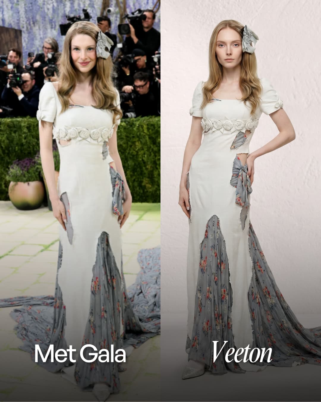 Clothing design of Hailey Bieber and same outfit on an ai fashion model