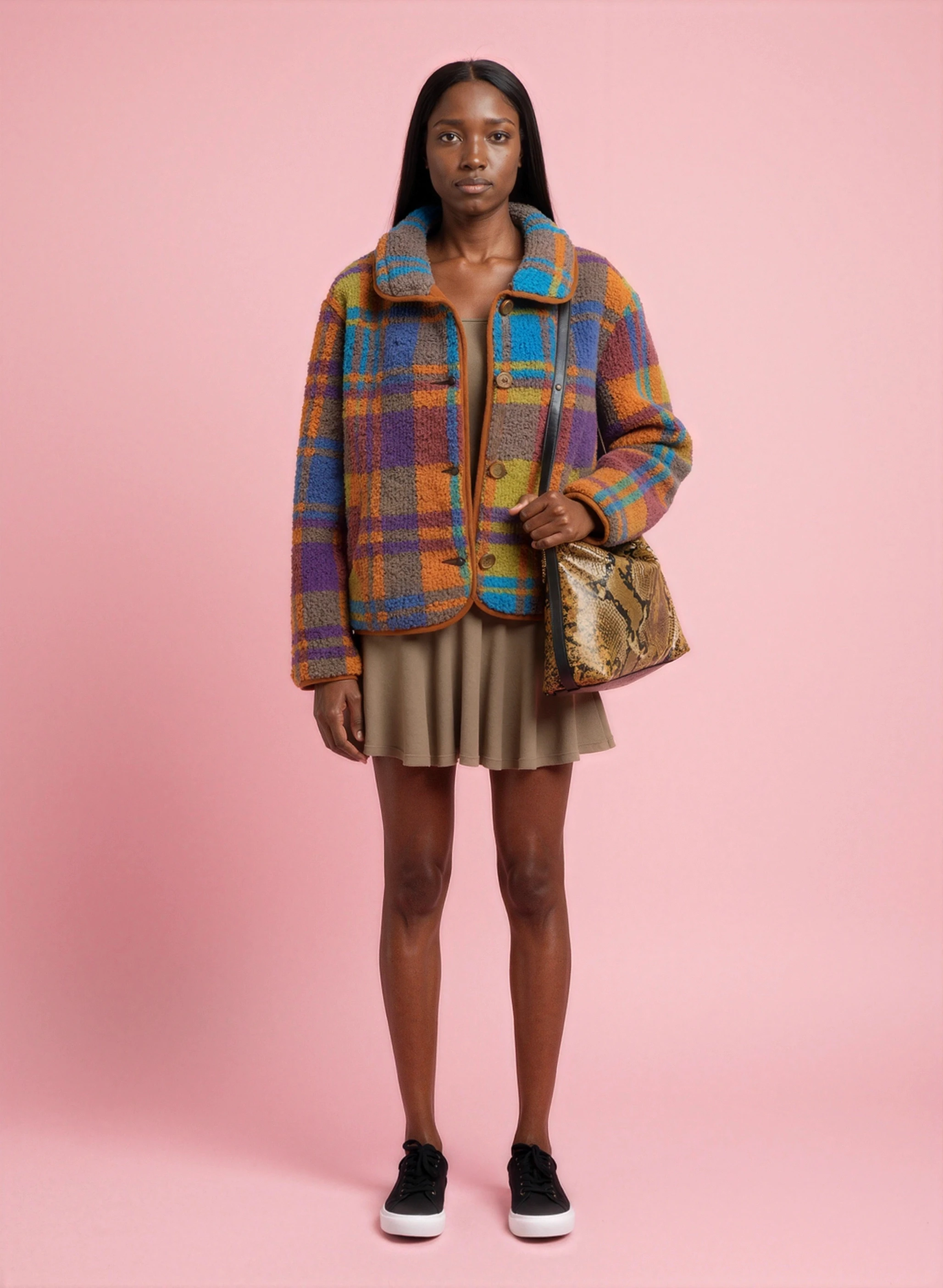 AI model in a multicolour plaid fleece jacket over a beige dress with a snakeskin bag against a pink wall