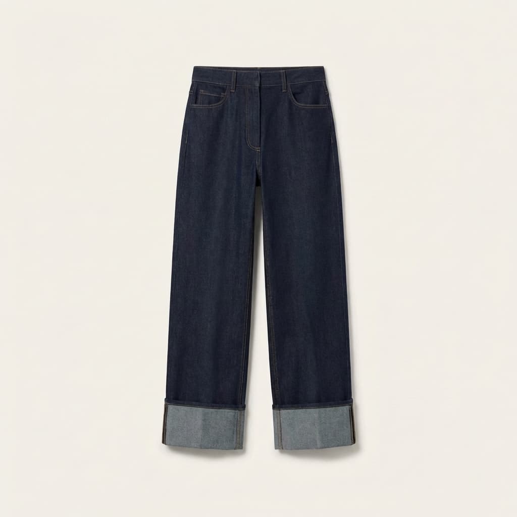 Wide-leg dark blue denim jeans with contrasting light gray cuffs and tan stitching, set against a plain, light beige background.