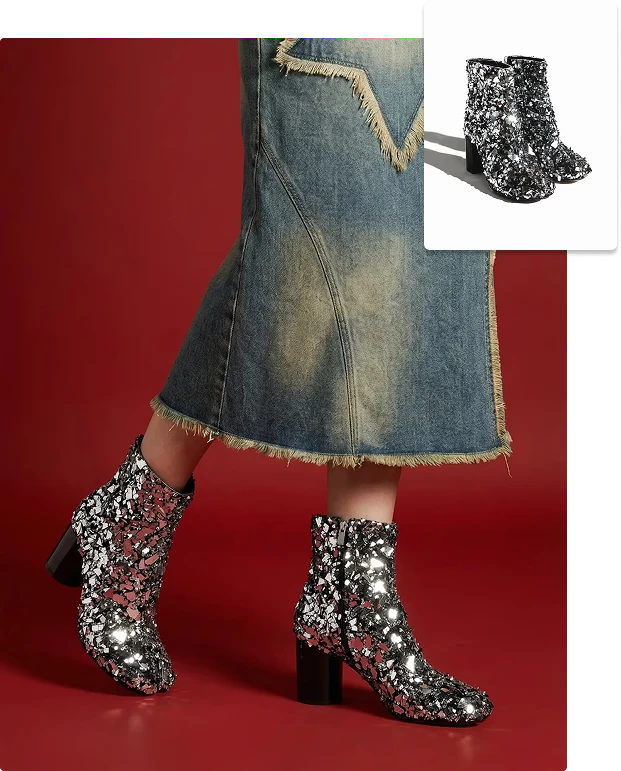 AI model in a denim skirt wearing silver sequin ankle boots, with the packshot inset, generated with Veeton