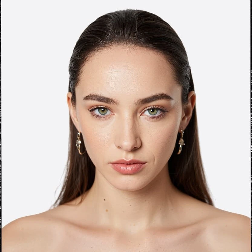Headshot of an AI fashion model with slicked-back dark hair and green eyes, generated with Veeton