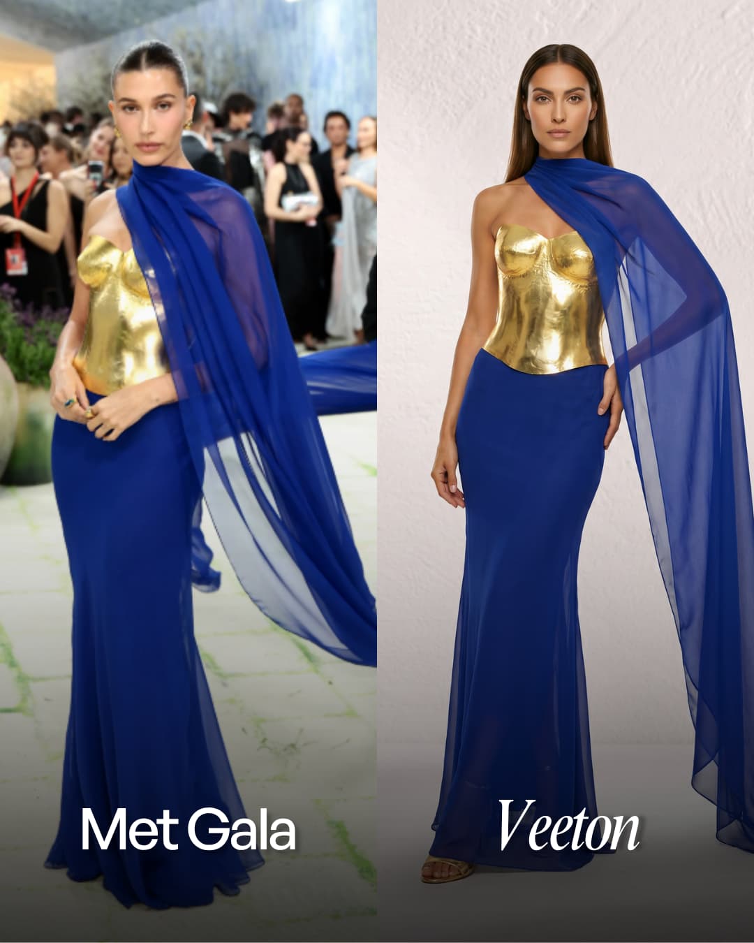 Clothing design of Hailey Bieber and same outfit on an ai fashion model