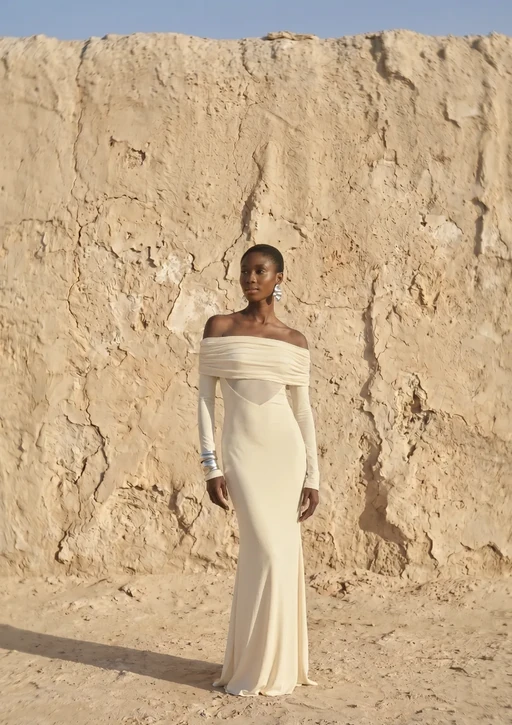 AI model in a cream off-shoulder maxi dress standing before a sunlit sandstone wall, generated with Veeton