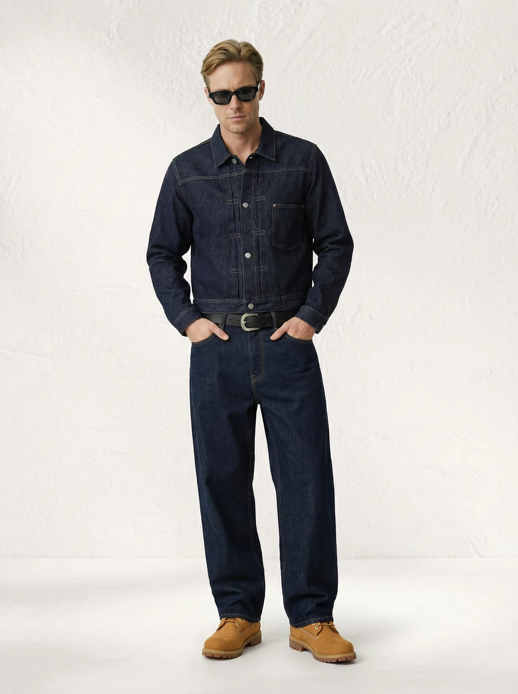 A person wearing a dark denim jacket and jeans, completed with brown shoes and sunglasses, stands against a textured white background.