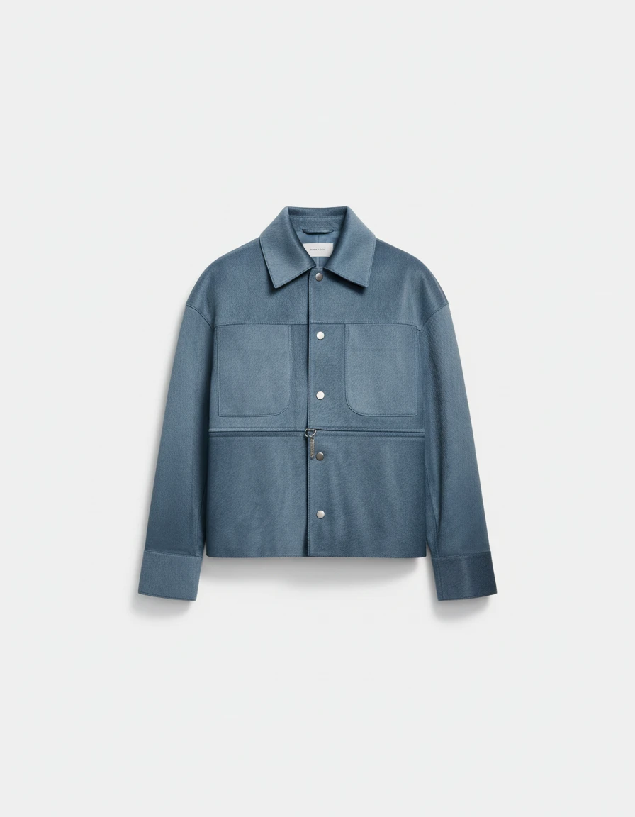 Ghost-mannequin packshot of a blue-grey snap-button jacket produced by the Veeton Product Beautifier