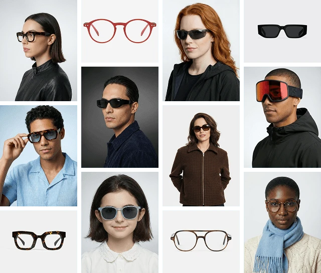 Grid of AI-generated eyewear visuals: models in sunglasses, optical frames and goggles next to packshots