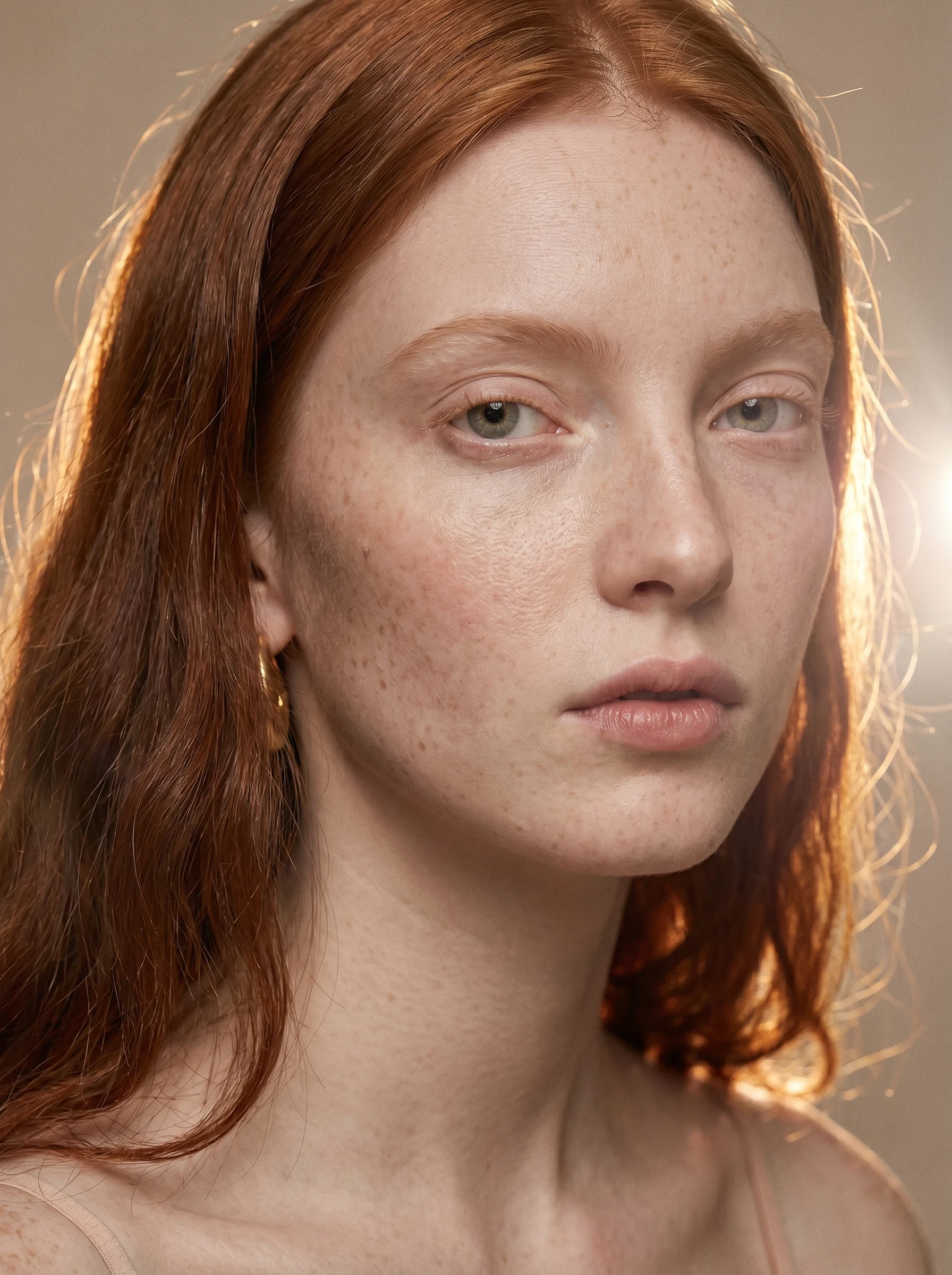 Backlit beauty close-up of a red-haired model with freckles and a gold hoop earring on a beige backdrop