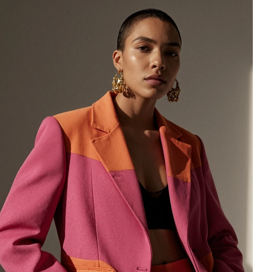 A high-fashion packshot example with professional lighting and posing
