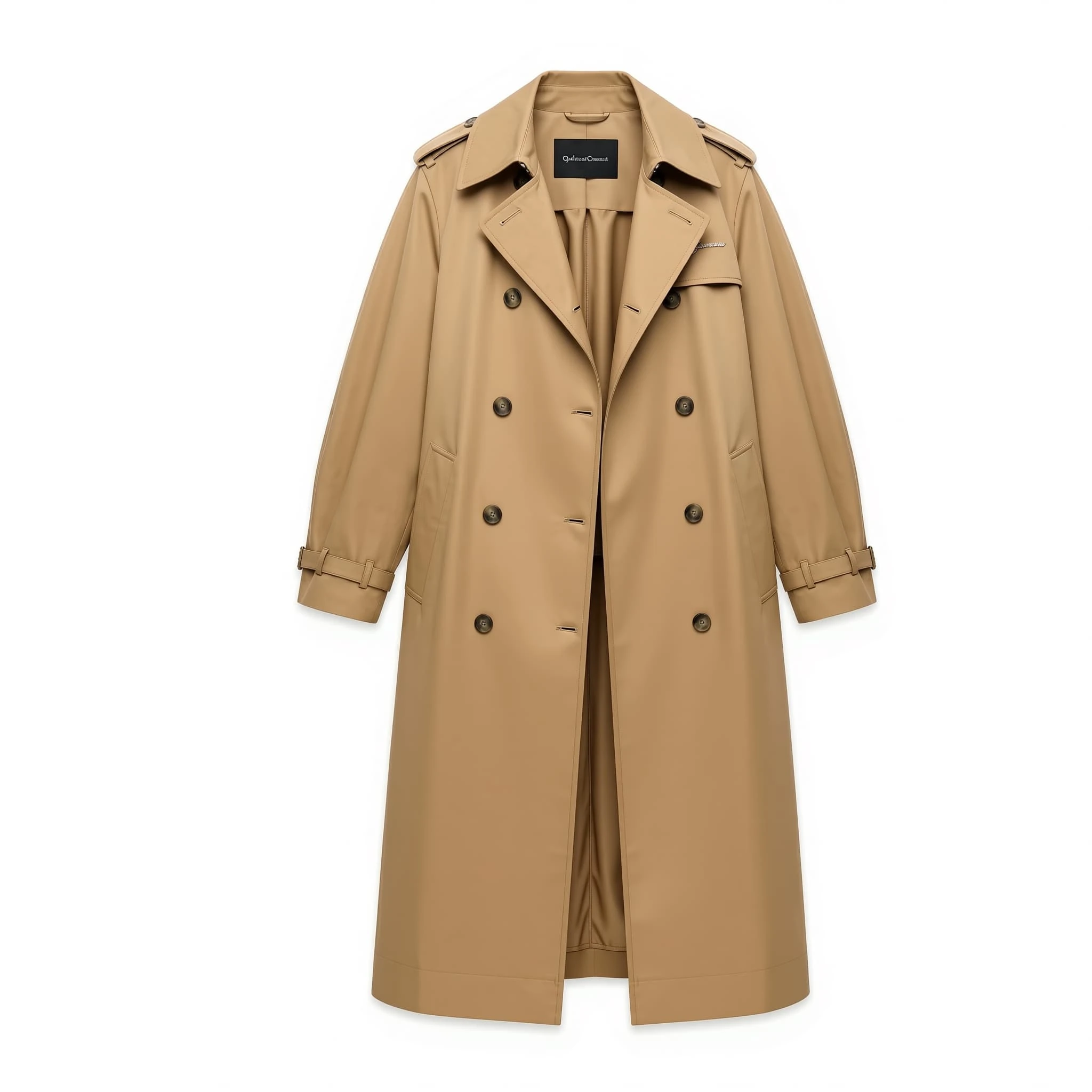 Beige double-breasted trench coat rendered as a ghost mannequin in the Claid test