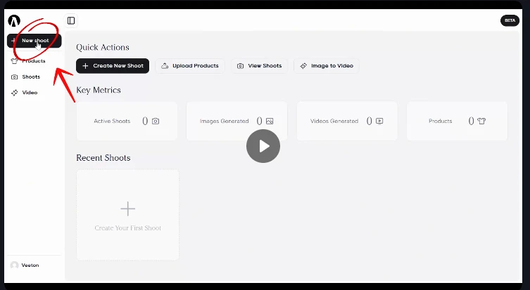 Veeton dashboard with quick actions and key metrics, the New shoot button circled and an intro video play button