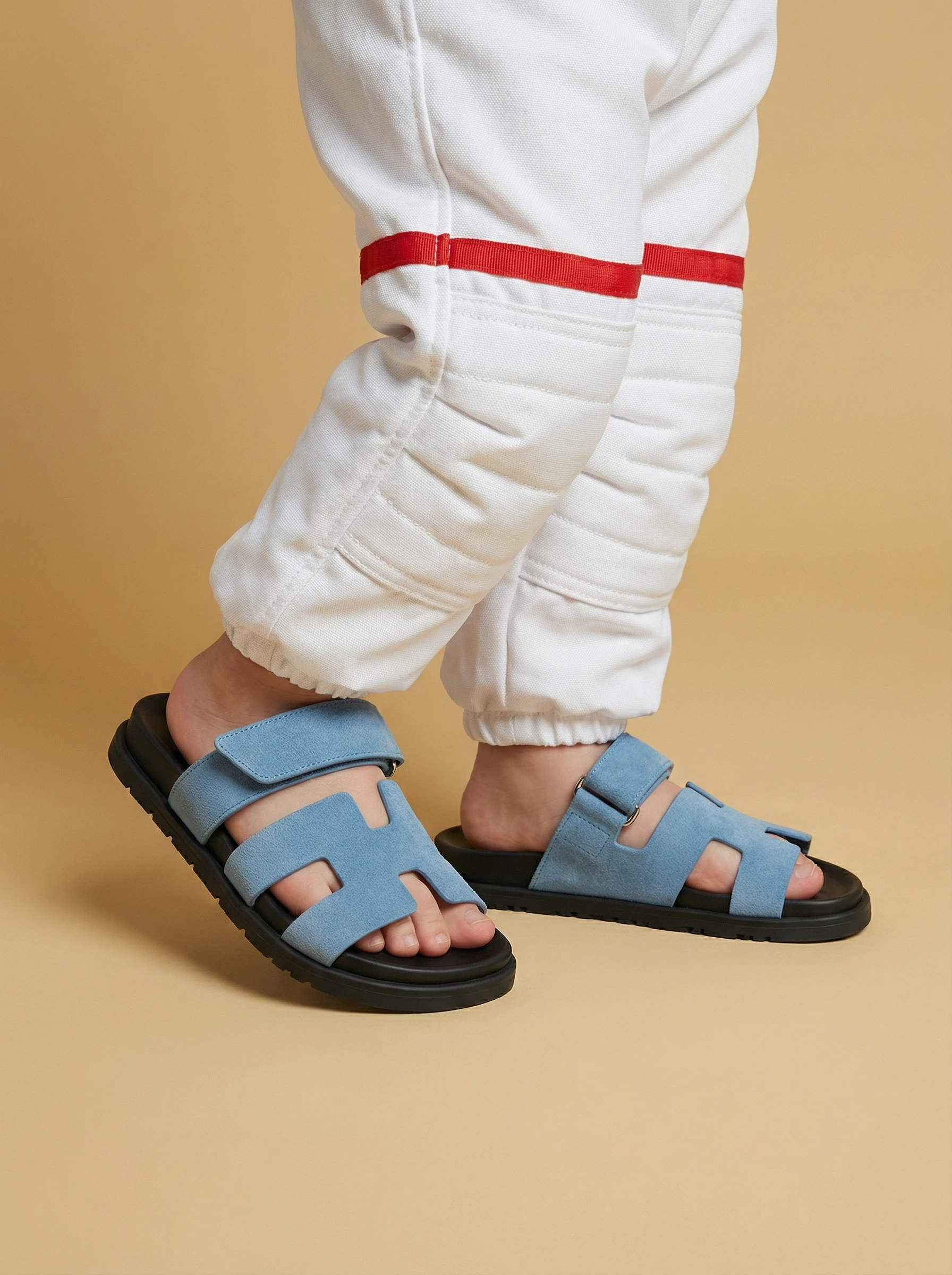 Light blue suede H-strap sandals on a model wearing white jogger pants against a sand-coloured background