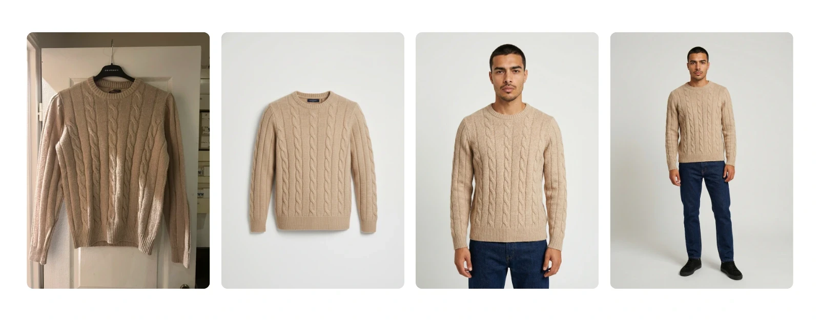 Four steps from a beige cable-knit sweater photographed on a hanger to an AI model wearing it with jeans, made with Veeton