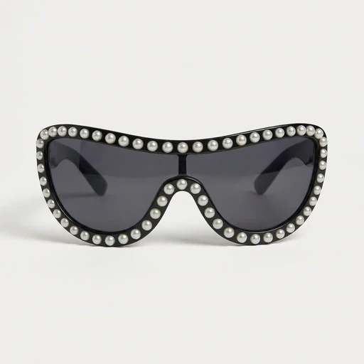 Packshot of black shield sunglasses trimmed with pearls