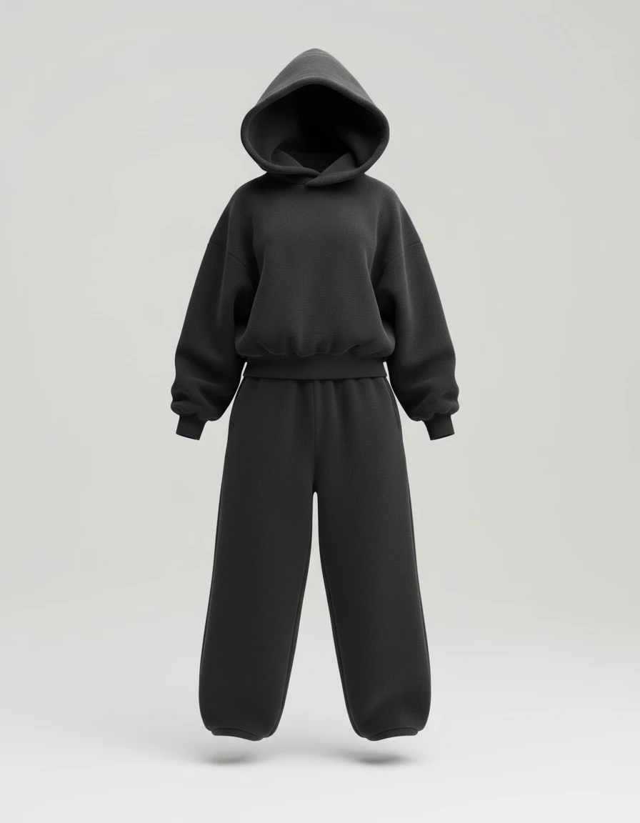 Black hoodie and sweatpants shown as an invisible ghost mannequin on a light grey background