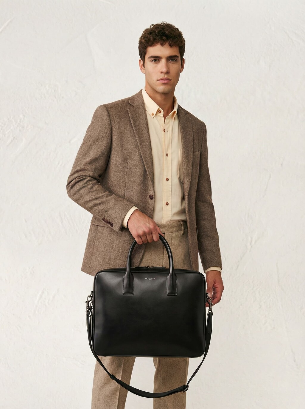 AI model in a brown tweed blazer holding a black leather briefcase, generated with Veeton