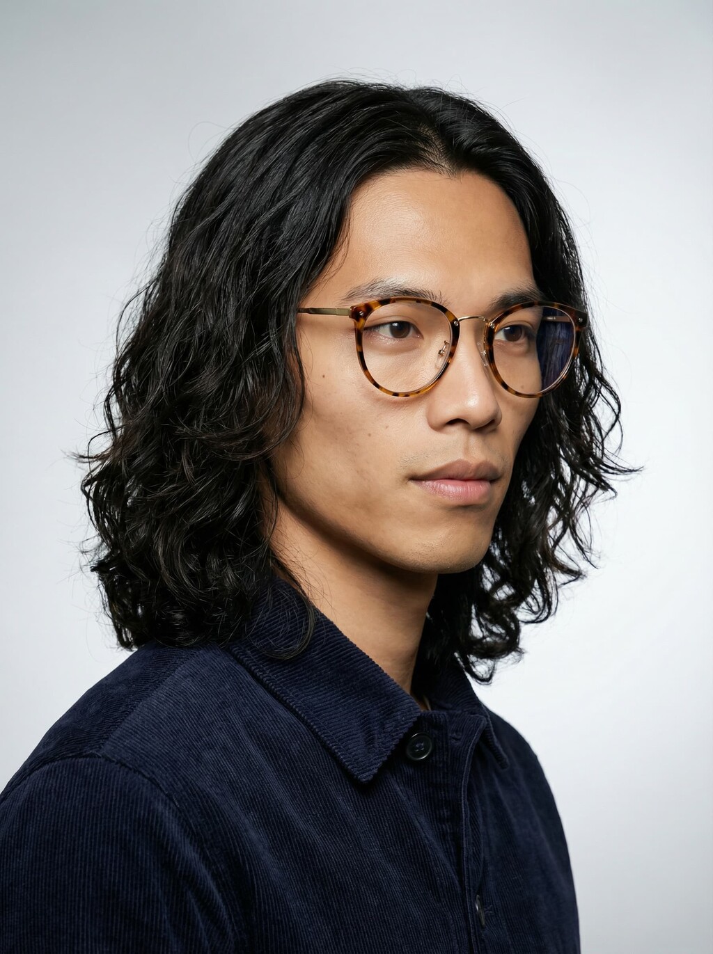 AI model in three-quarter view wearing round tortoiseshell glasses, generated with Veeton